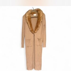 Tan Long Cardigan with Faux Fur Collar